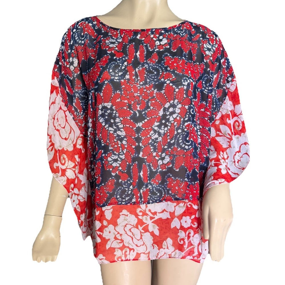 Michael Kors Kimono Floral Blouse Large/XL Multicolor Poncho Sheer Top Airy Red